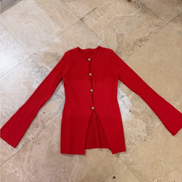 Commense Golden Button Split Knit Top Red - Picture 2 of 7